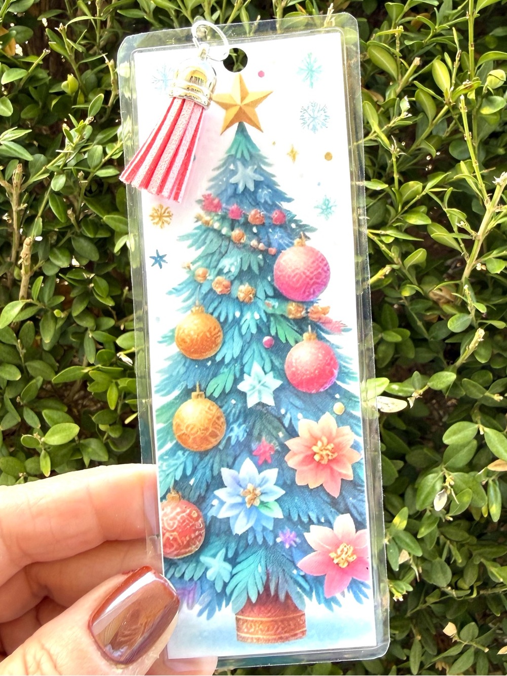 Handmade Christmas Tree Bookmark – Colorful Floral Holiday Design – Laminated